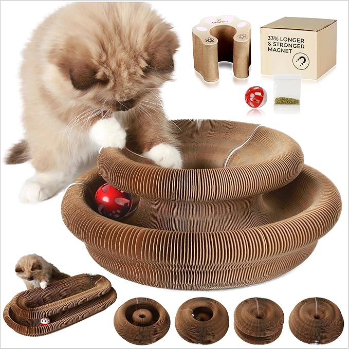 Magic Organ Cat Scratcher Board Toy with Bell Ball and Catnip - Longer, Stretchier Accordion Cardboard Scratching Pad with 4 Strong Magnets - Interactive Fun and Enrichment for Indoor Cats