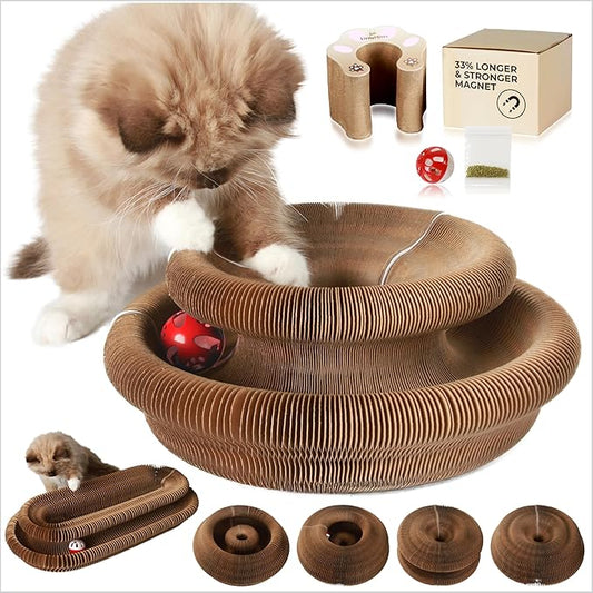 Magic Organ Cat Scratcher Board Toy with Bell Ball and Catnip - Longer, Stretchier Accordion Cardboard Scratching Pad with 4 Strong Magnets - Interactive Fun and Enrichment for Indoor Cats