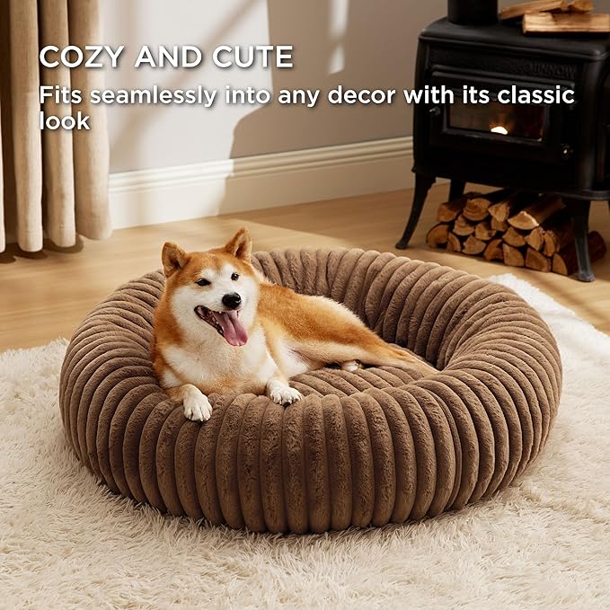 Bedsure Donut Large Dog Bed - Washable Faux Fur with Corduroy Fleece & Anti Slip Bottom, Round Pet Bed with Removable Cover, Camel Brown, 36x36x8 inches