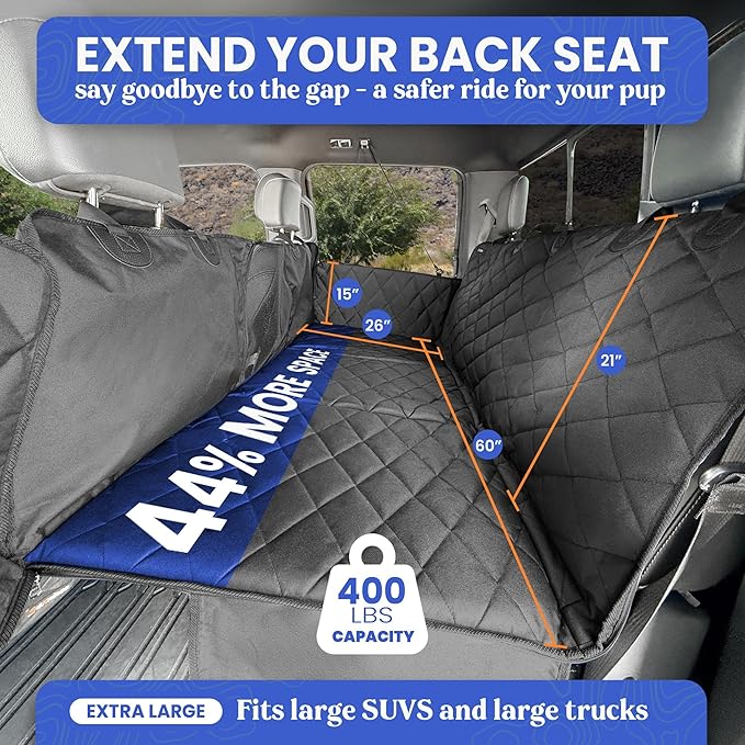 4Knines Hard Bottom Back Seat Extender for Dogs – Waterproof Dog Car Seat Cover – Heavy Duty Backseat Protector for Cars, SUVs, Trucks – Built-in EZ Open Door Protector (Camo, XL)