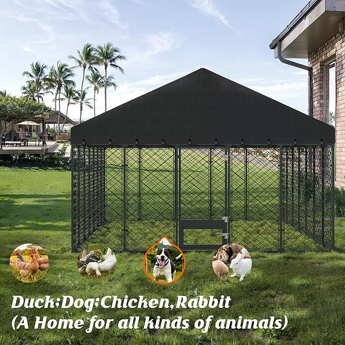10x14FT Heavy Duty Outdoor Dog Kennel with Roof – Large Dog Enclosure & Weatherproof Dog House, Secure Metal Fence Playpen with Double Lock & Feeding Swivel Door for Big Dogs