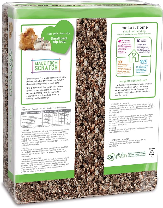 Carefresh 99% Dust-Free Natural Paper Small Pet Bedding with Superior 10 Day Odor Control & Absorption, for Guinea Pigs, Hamsters, Rabbits, & Rats, 60 L