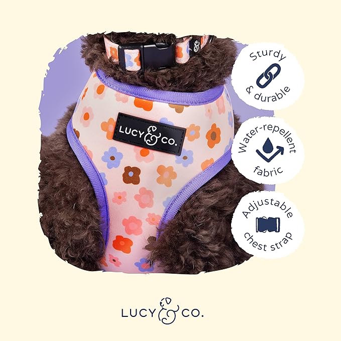 Lucy & Co. Purple with Coral Floral Wave, Cute Reversible Dog Harness Walking Halter - Best Designer Pet Harnesses for XS - XL Dogs - Padded Adjustable Vest for Easy Walking (Medium)