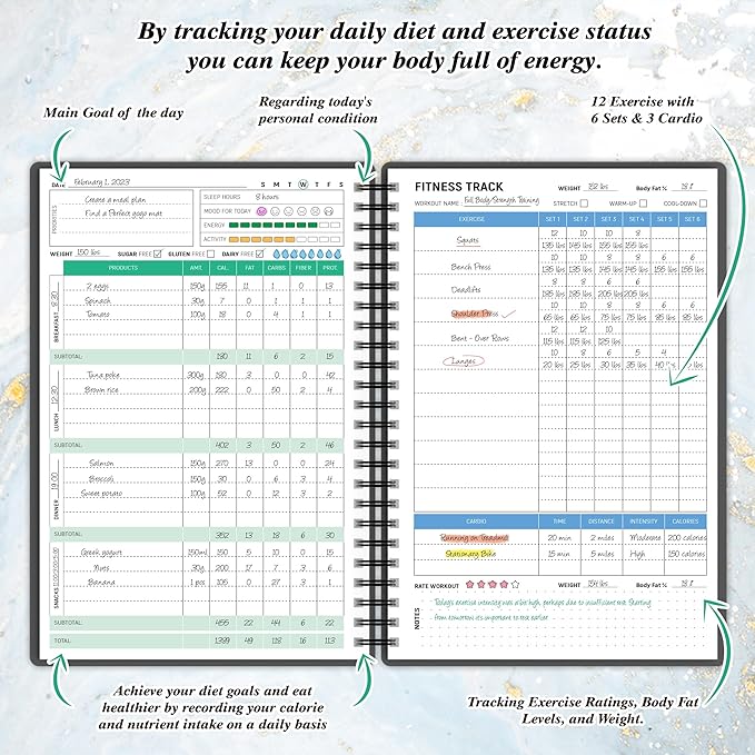 Wellness Planner & Fitness Log - Daily Diet & Health Journal with Weight Loss, Wellness Journal Notebook for Tracking Fitness, Sleep, Nutrition, Meal, Habits, A5(5.8 x 8.6 inch) (Black Golden)