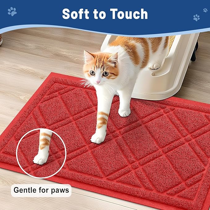 Smiry Cat Litter Box Mat 36x24, Non-Slip Water Resistant Litter Trapping Mat, Easy Clean Less Waste and Urine-Locking Cat Carpet for Indoor, Red