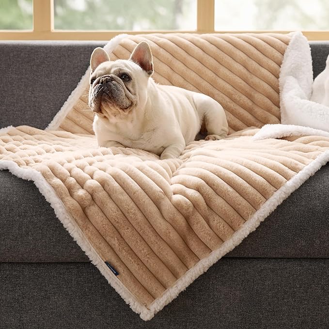 Bedsure Waterproof Dog Blankets for Medium Dogs - Soft Puppy Cat Blanket Corduroy Fleece Washable, Cozy Calming Reversible Furniture Protection for Pet Kitten Doggy,30"x40", Tuscan Beige