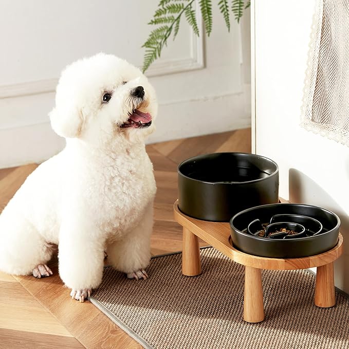 Ceramic Slow Feeder and Water Bowl Set for Medium and Large Dogs, 8.0inch Ceramic Dog Bowls Elevated with Wooden Stand, 2.0 Cups Dog Slow Feeder(30oz) and 70oz Water Bowl Set, Black