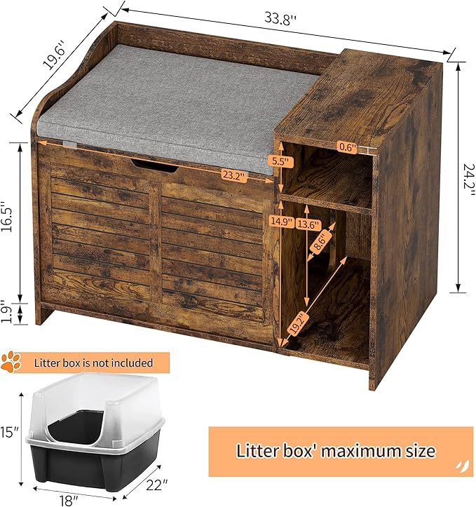 Cat Litter Box Enclosure Furniture with Top Opening and Cushion, Hidden Litter Box Cabinet with Storage, Privacy Cat Box Enclosure, Brown
