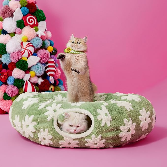 Lesure Cat Tunnel Bed for Indoor Cats - Cute Cat Donut Tunnel Toys for Small Large Cats with Washable Circle Cushion, Round Pet Peekaboo Cave Toy for Kitten/Puppy/Rabbit, Standard Flower Garden Green