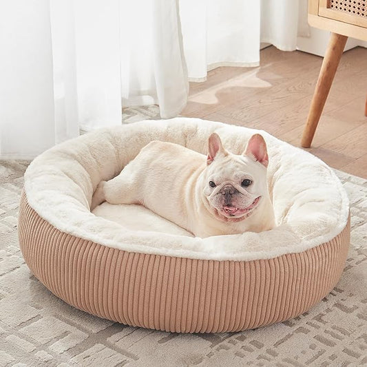 30 inches Donut Dog Bed for Medium Dogs,Calming Round Pet Bed with Removable & Washable Cover,Plush Faux Fur & Corduroy, Fits up to 30 lbs Pets(Brown,Medium)