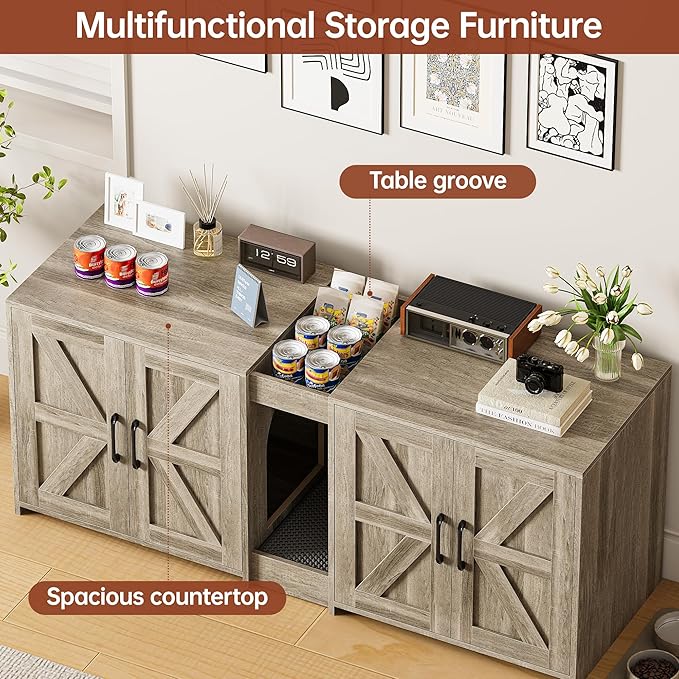 55" Cat Litter Box Enclosure, Double Litter Box Cabinet with Cat Bed, PVC Pad and Scratch Pad, Hidden Litter Box Furniture for 2 Cats with Storage and 2 Entrances, Grey