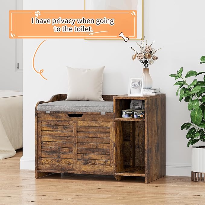 Cat Litter Box Enclosure Furniture with Top Opening and Cushion, Hidden Litter Box Cabinet with Storage, Privacy Cat Box Enclosure, Brown