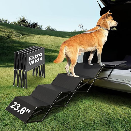 23.6" Extra-Wide Dog Car Ramp - Portable Dog Stairs with Non-Slip Surface, 250 lbs Capacity for Large Dogs, Extra-Wide Foldable Dog Steps for Cars, SUVs, High Beds, and Trucks