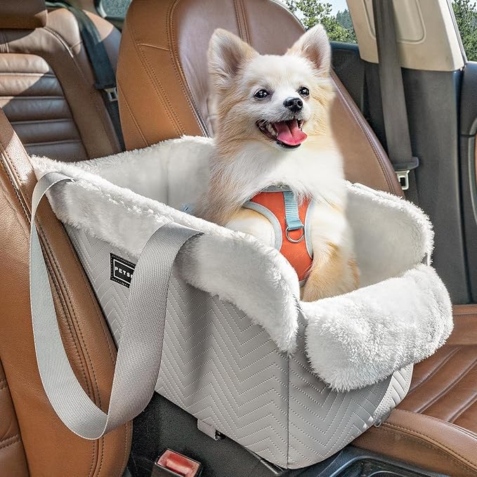 PETSFIT Console Dog Car Seat, Portable Small Dog Car Seat with Safe Protective Hooks, Luxury Dog Carseat Includes Safety Leash and Storage Pocket for Pets Up to 9 lbs (Grey)