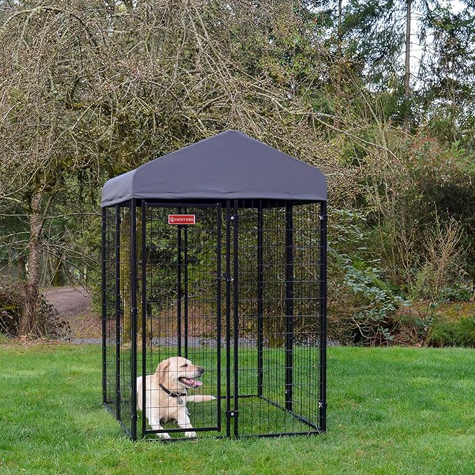 Lucky Dog Outdoor Steel Frame Kennel Enclosure w/Grey Canopy, Stay Series, 4'x4'x6'