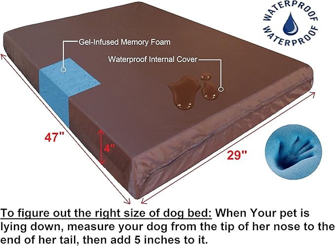 Dogbed4less Extra Large Orthopedic Waterproof Durable Dog Bed for Medium to Large Dogs with Cool Memory Foam Pad, Denim in Brown, Fit 48X30 Crate