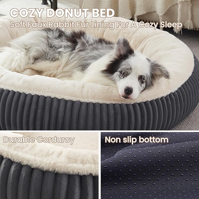 45 inches Donut Dog Bed for Extra Large Dogs,Calming Round Pet Bed with Removable Cover, Washable Milk Plush Faux Fur, Fits Pets up to 100 lbs(Dark Grey,XL)