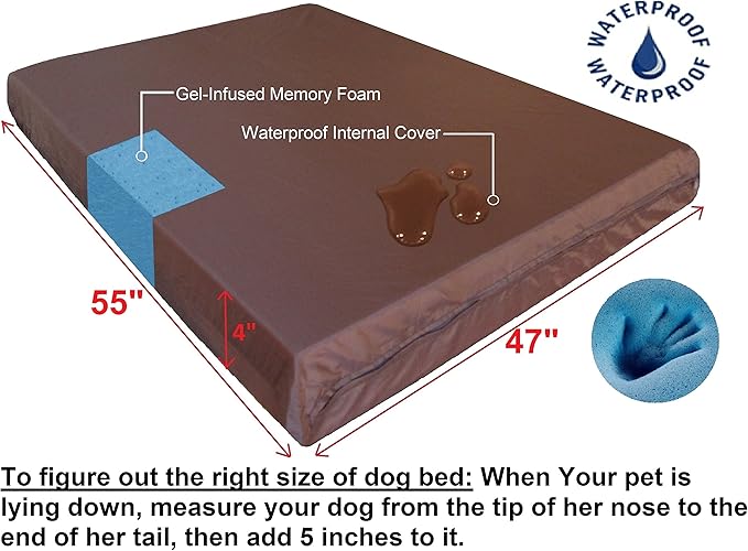 Dogbed4less Waterproof Orthopedic Cooling Memory Dog Bed for Large and Extra Large Dogs, Suede Espresso Color, Jumbo 55X47X4 Inches