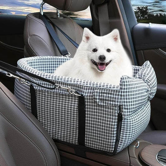 Center Console Dog Car Seat Dog Bed for Car Console Portable Armrest Booster Seat Carrier for Small Medium Dogs Anti-Collapse for Puppy Pet Up to 15 Lbs（Grid Black）