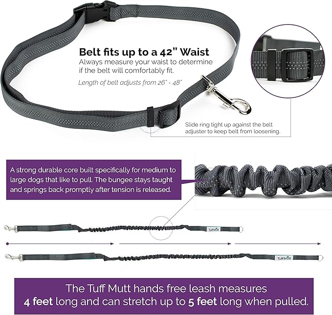 Tuff Mutt Hands-Free Waist Leash for Dog Walking, Running and Hiking, Adjustable Belt with Double Handle, Reflective Bungee Design for Large & Medium Dogs