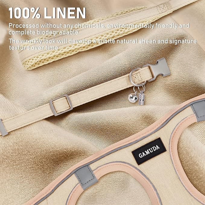 GAMUDA Small Pet Harness Collar and Leash Set, Step in No Chock No Pull Linen Fabric Soft Mesh Dog Vest Harnesses Reflective for Dogs Puppy Cats Kitten Rabbit (Khaki, M)