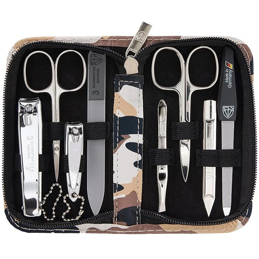 3 Swords Germany - brand quality 8 piece manicure pedicure grooming kit set synthetic leather case camouflage - Made in Germany