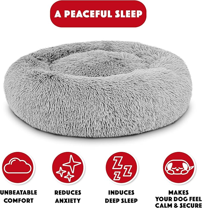 The Dog’s Bed Sound Sleep Donut Dog Bed, Medium Silver Grey Fur Calming Nest Bed, Veterinary Approved