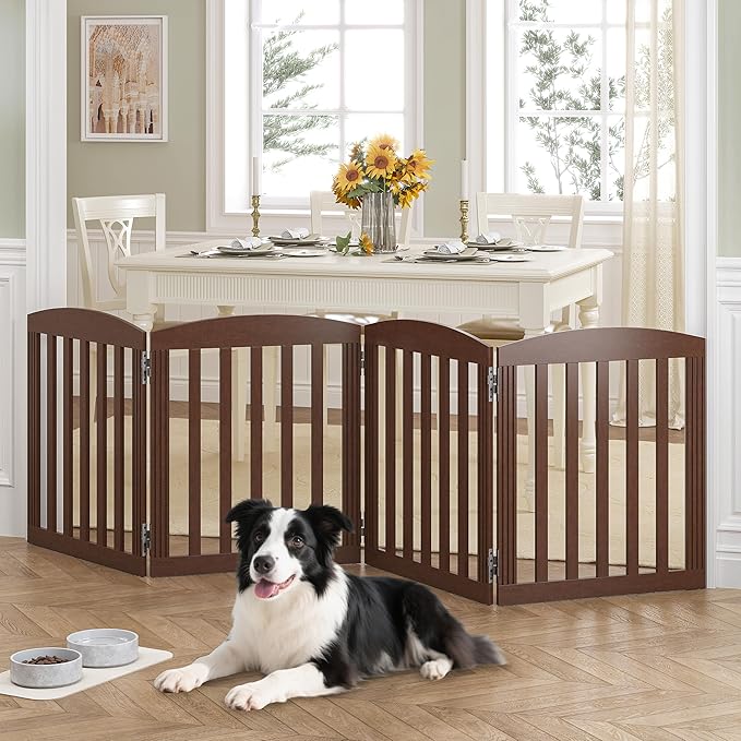 SPIRICH 96" Extra Wide 28" Tall Dog Gate Indoor, Dog Gates for Doorways, Stairs, The House, Wooden Freestanding Foldable Pet Gate, Step Over Puppy Gate, 4 Panels, Brown