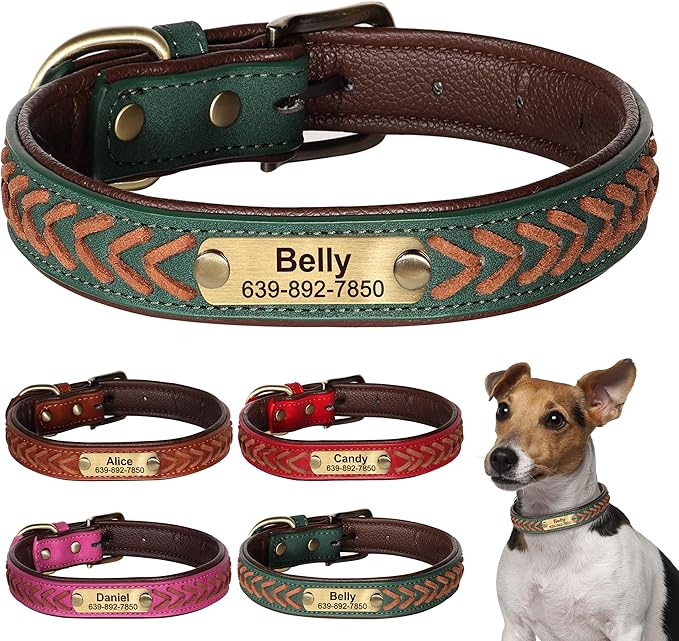 Personalized Dog Collars Custom Premium PU Leather Dog Collar with Name and Phone Number Engraved Name Plate for Medium Dogs Customized Customizable Adjustable Dog Collar, Green,M(11-14")
