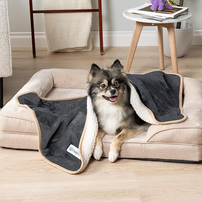 PetAmi Waterproof Dog Blanket for Small Medium Dogs, Pee Proof Pet Blanket for Couch Bed, Reversible Water Proof Blanket for Puppy Indoor Cat, Soft Dog Fleece Blankets Washable, 29x40 Gray/Beige