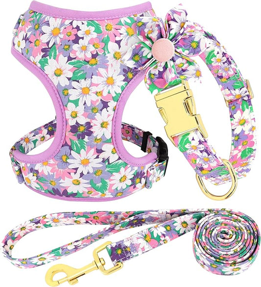 Beirui Cute Girl Dog Collars, Harnesses & Leashes Set - Adjustable Dog Collar and Leash Set with Flower - Soft Mesh Dog Vest Harness for Puppies Small Medium Dogs (Purple,S)