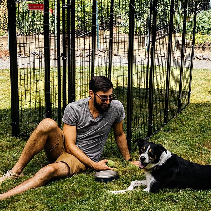 Lucky Dog Stay Series 4 x 8 Feet Villa Black Powder Coat Steel Frame Large Outdoor Dog Kennel with Waterproof Canopy Roof and Single Gate Door, Khaki