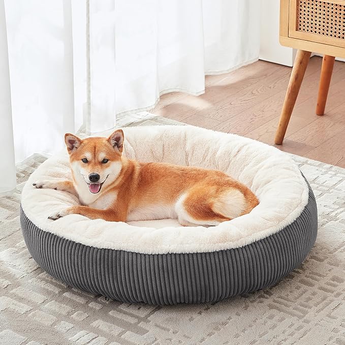 33 inches Donut Dog Bed for Medium Large Dogs,Calming Round Pet Bed with Removable & Washable Cover,Plush Faux Fur & Corduroy, Fits up to 50 lbs Pets(Dark Grey,M Plus)