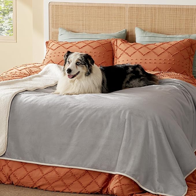 Bedsure Waterproof Blanket for Bed - Sherpa Fleece Waterproof Dog Blankets for Large Dogs, Pet Blankets for Bed/Couch/Dog Crate, Soft Plush Reversible Furniture Protector, Twin, 80"x60", Light Grey