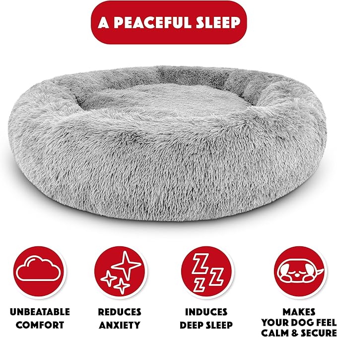 The Dog’s Bed Sound Sleep Donut Dog Bed, XXL Silver Grey Fur Calming Nest Bed Removable Cover, Veterinary Approved