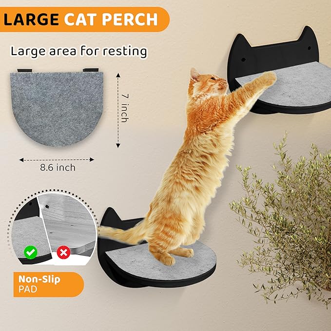 Cat Wall Shelves with 3 Steps – Modern Wood Wall Mounted Furniture, Climber & Perch Shelf for Cats up to 30lbs – Sturdy Floating Bed for Large Cats - Black