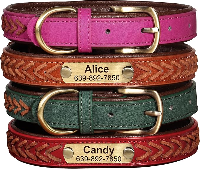 Personalized Dog Collars Custom Premium PU Leather Dog Collar with Name and Phone Number Engraved Name Plate for Medium Dogs Customized Customizable Adjustable Dog Collar, Brown,M(11-14")