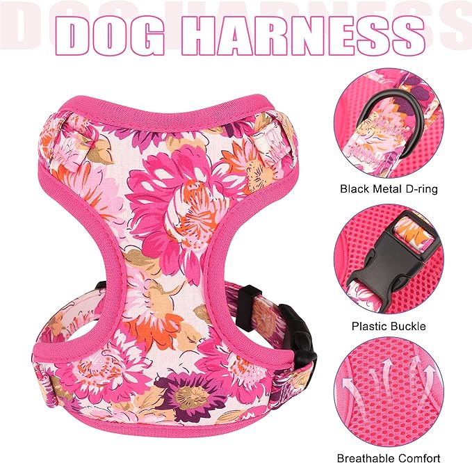 Beirui Cute Girl Dog Collars, Harnesses & Leashes Set - Adjustable Dog Collar and Leash Set with Flower - Soft Mesh Dog Vest Harness for Puppies Small & Extra Small Dogs Cats (Pink-2,XXS)