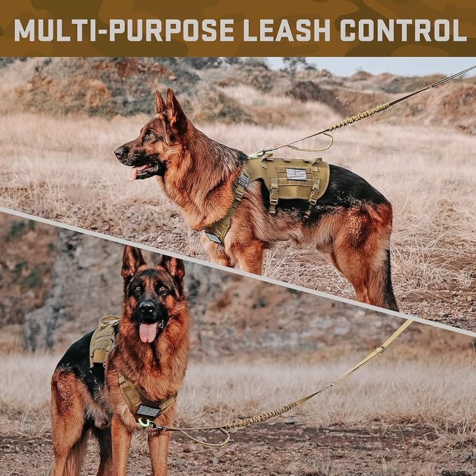 Forestpaw Tactical Dog Harness for Large Dogs,Tactical Dog Collar with Bungee Leash Set,No Pull Military Dog Harness for Walking Training,Adjustable for Medium Large Dogs,Khaki,Chest 15.5-25.5"