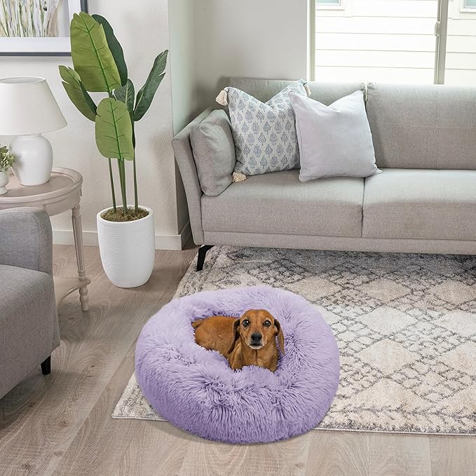 Best Friends by Sheri Original Calming Donut Dog and Cat Bed, Shag Faux Fur, Lavender, (23in x 23in) - Anxiety Relief for Pets Up to 25 lbs