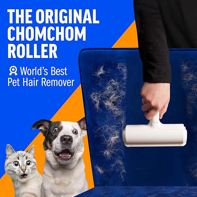 ChomChom Roller Pet Hair Remover – Original Size Reusable Lint Roller for Cat & Dog Hair on Furniture, Couch, Carpet, Car, Rugs & Bedding – Portable, Eco-Friendly (White)