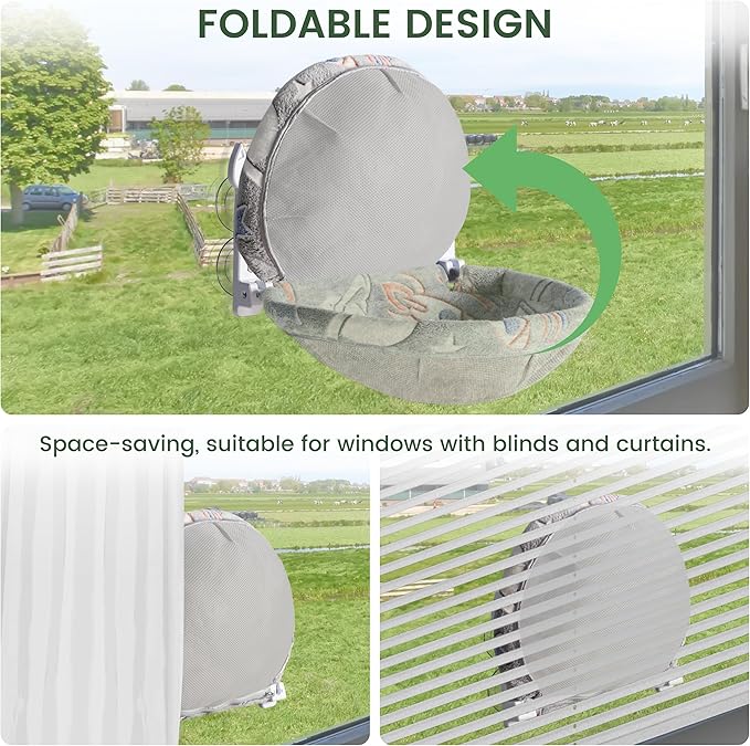 Cat Window Perch, Glow in The Dark Foldable Cat Hammock with Sunken Design & Removable Soft Cover, Breathable Cordless Window Bed for Resting Indoor Kitten (Grey Deep Perch, Medium)