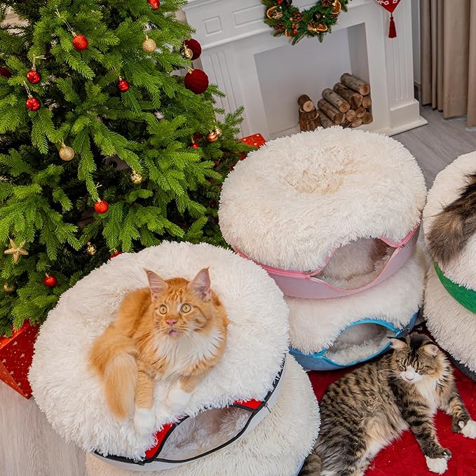 CATTASAURUS Peekaboo Cat Cave for Multiple & Large Cats Up to 30-45 Lbs, Fluffy Cat Beds for Indoor Cats, Scratch Detachable & Washable Tunnel Bed, Comfy Donut Cave (Light Gray, Large (Calming))