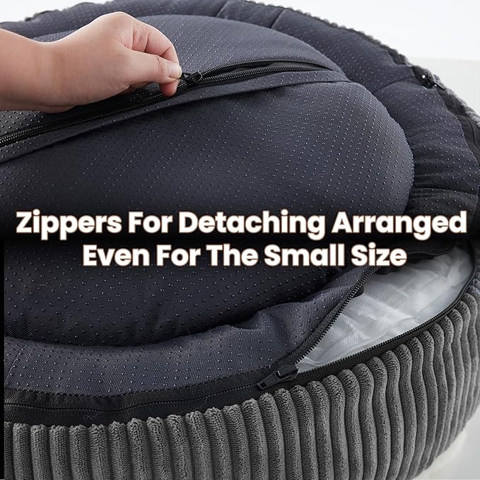 23 inches Donut Dog Bed for Small Dogs - Calming Round Puppy Bed with Removable &Washable Cover, Plush Faux Fur & Corduroy Pet Bed for Cats, Fits Pets up to 15 lbs(Dark Grey,Small)