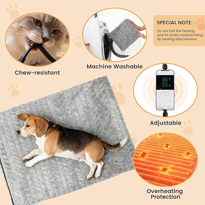 PatiencET 18"x28" Heated Pet Bed – Large Cat & Small Dog Heating Pad, 6-Temp Thermostat, 5-Timer, Washable Flannel Cover, Warming Mat for Sofa, Crate, Kennel