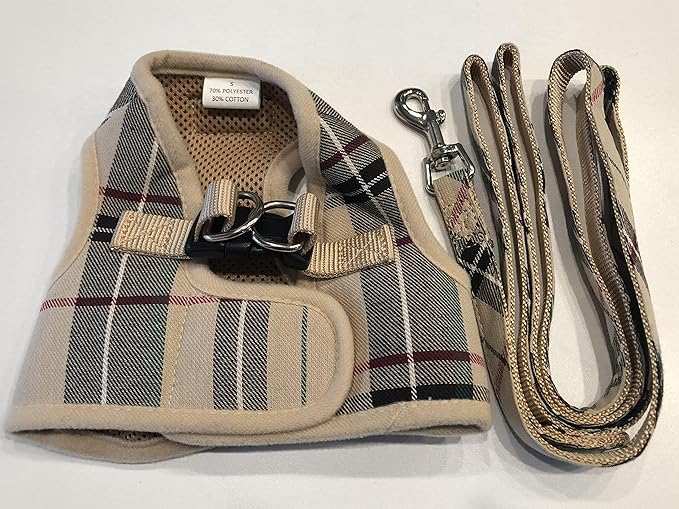 PUPTECK Soft Mesh Dog Harness and Leash Set Step-in Plaid Puppy Padded No Pull Vest Harness for XS Small Medium Sized Dogs Cats Outdoor Walking, Beige L