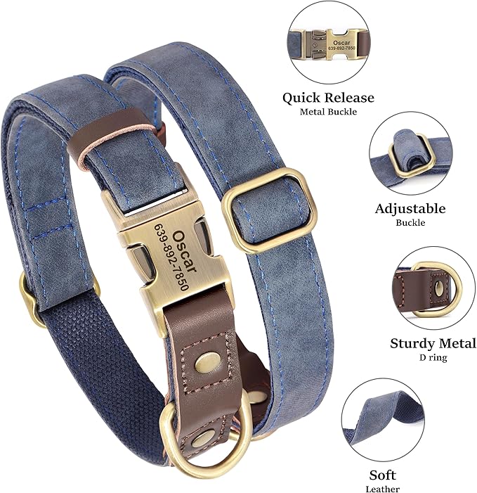 Personalized Dog Collars, Custom Soft PU Leather Dog Collar with Pet Name and Phone Number for Large Dogs, Adjustable and Durable Pet Collars with Quick Release Metal Buckle,XL(17-26")