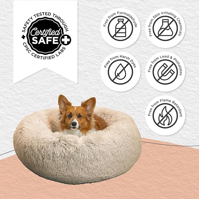 Best Friends by Sheri The Original Calming Donut Dog Bed – Washable Plush Pet Bed for Medium Breeds up to 45 lbs, Shag Faux Fur, Taupe, Medium (30" x 30")