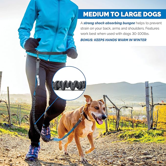 Tuff Mutt Hands-Free Waist Leash for Dog Walking, Running and Hiking, Adjustable Belt with Double Handle, Reflective Bungee Design for Large & Medium Dogs