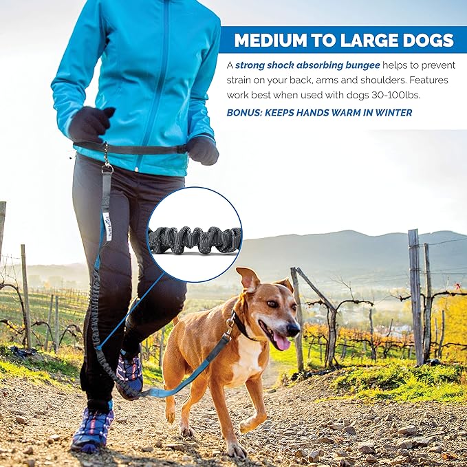Tuff Mutt Hands-Free Waist Leash for Dog Walking, Running and Hiking, Adjustable Belt with Double Handle, Reflective Bungee Design for Large & Medium Dogs